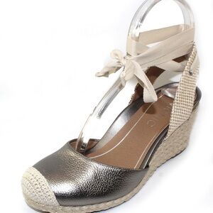 Vionic Wedge Sandals Womens 10 Aruba Maris Espadrille Silver Leather Ankle Wrap